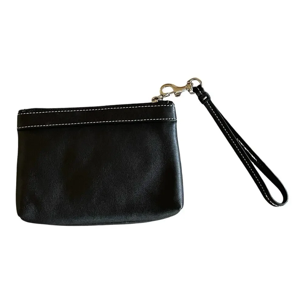 COACH Small Black Soft Pleated Leather Silver Logo Top Zip Clutch Wristlet